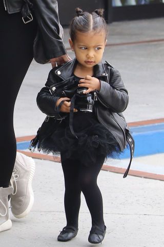 Η North West με μαύρο Balmain custom leather jacket.