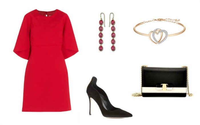 Φόρεμα Valentino (Net a Porter), γόβες Sergio Rossi (Καλογήρου), clutch Salvatore Ferragamo, σκουλαρίκια και βραχιόλι Swarovski 