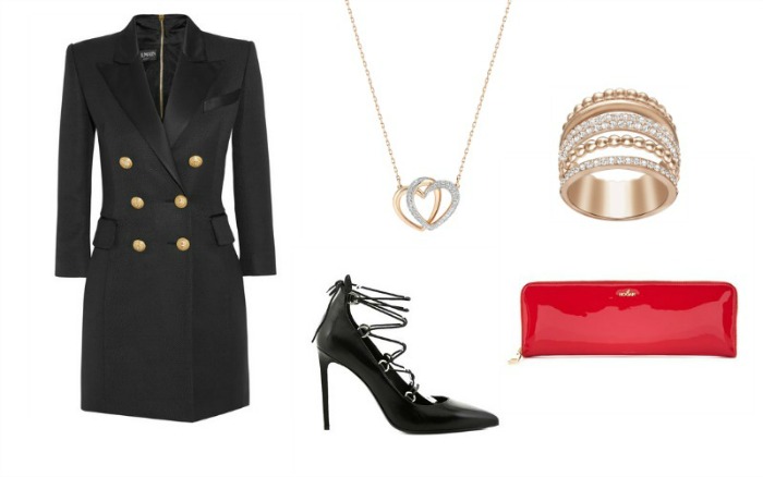 Φόρεμα Balmain (Net a Porter), κολιέ και βραχιόλι Swarovski, clutch Hogan, δετές γόβες Saint Laurent (Καλογήρου)