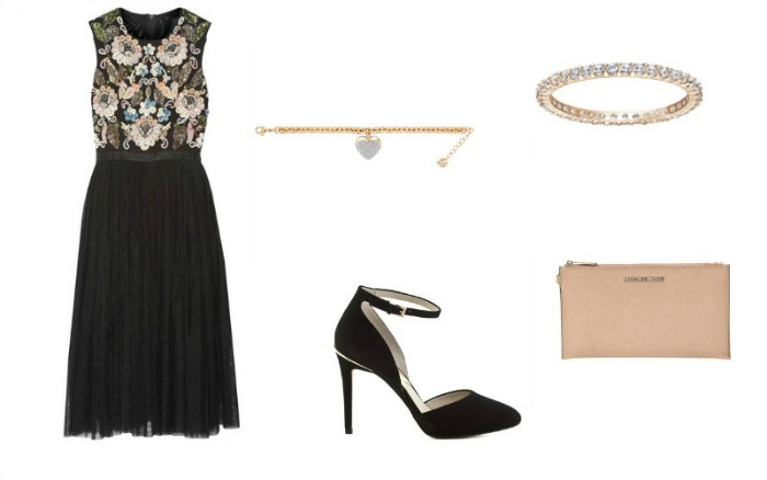 Βραχιόλια Swarovski, Clutch & γόβες Michael Kors (Καλογήρου), φόρεμα Needle and Thread (Net a Porter)