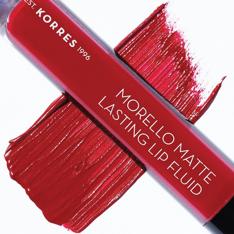 Morello Matte Lasting Lip Fluid Brick Red με έλαια για πλούσιο χρώμα, Korres.