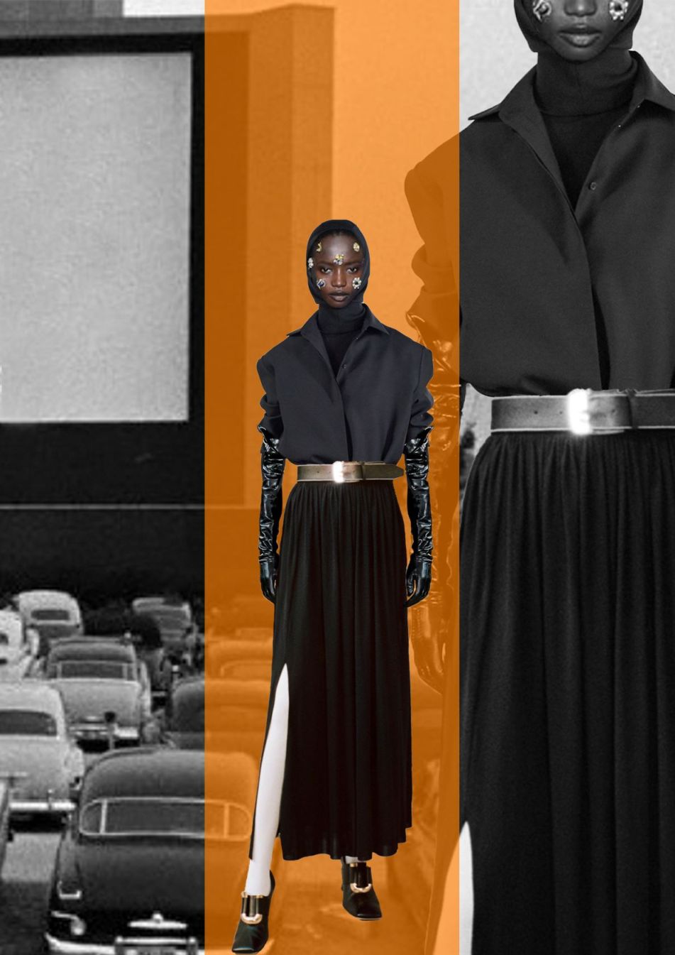 Ολόσωμη φόρμα και γάντια Schiaparelli, πουκάμισο The Row, φούστα και παπούτσια  Proenza Schouler. 