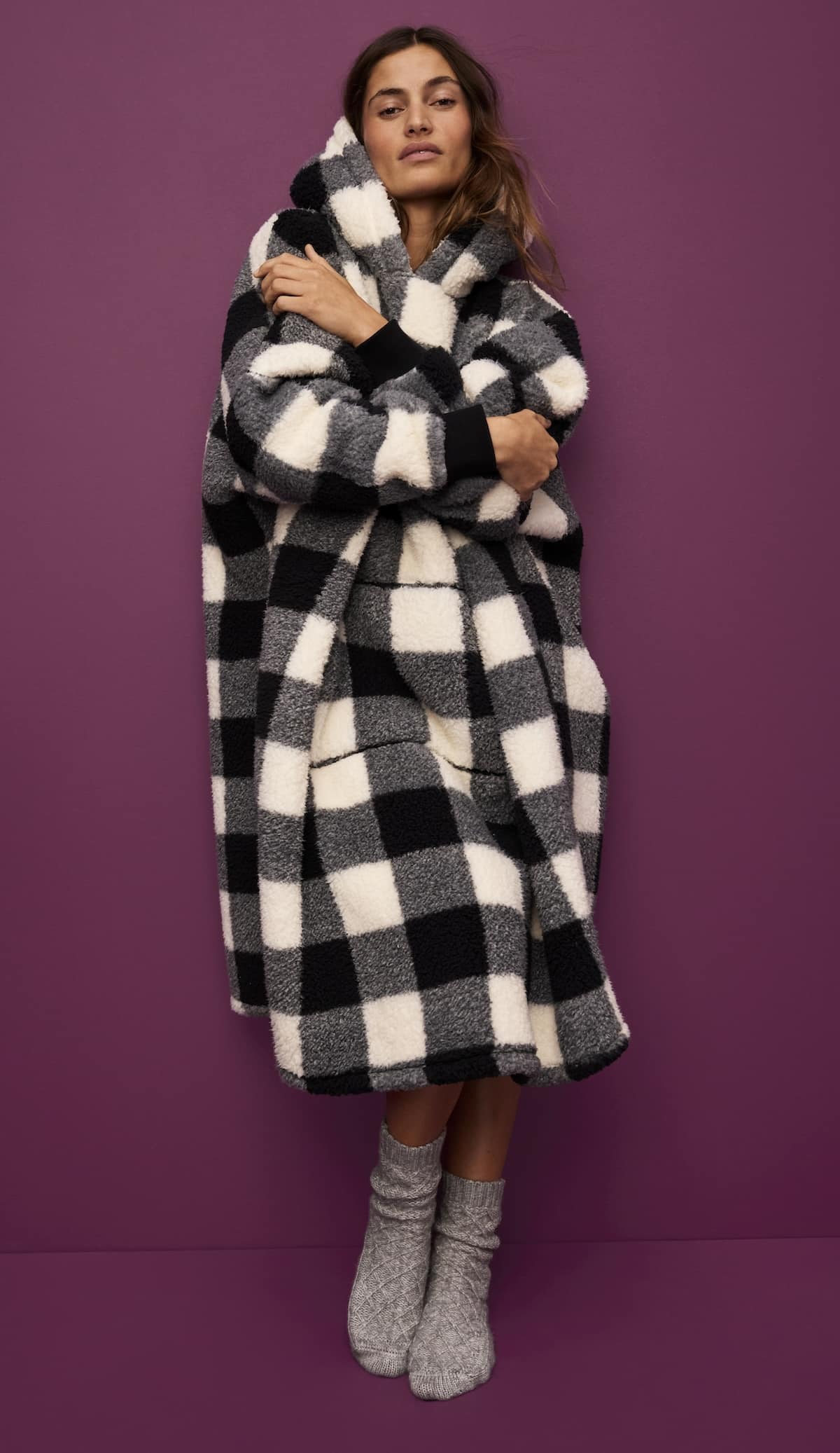 Καρό φλις oversized φούτερ με κουκούλα, 42.99  €