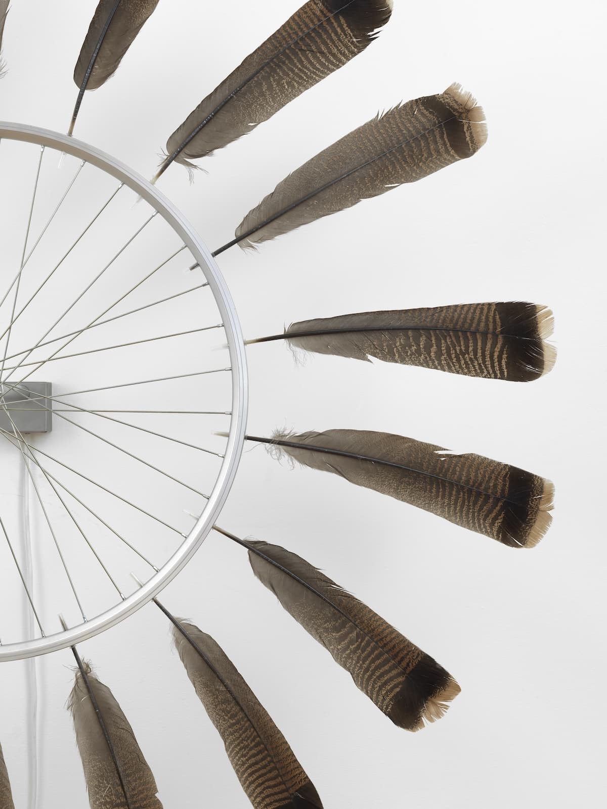 Paola Pivi. "I love spinning", 2016, Alluminio, piume di tacchino, motore_Aluminium, turkey feathers. Close up. Courtesy the artist & Massimo Mode carlo 
