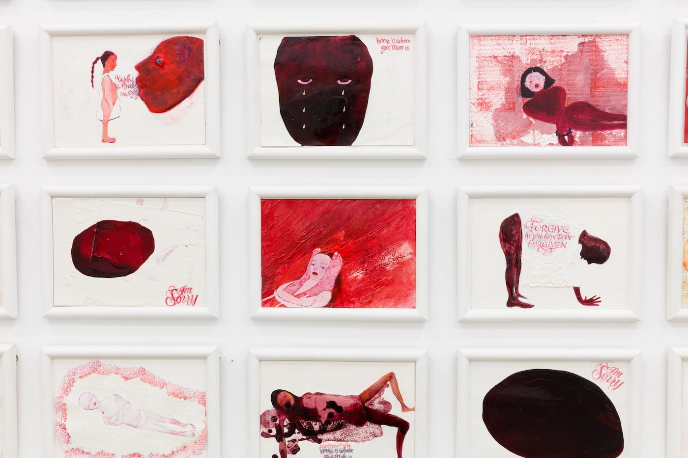 "Shame", 2002-05 (λεπτομέρεια). Εγκατάσταση από 182 έργα ζωγραφικής σε κάδρο, βαφή καθρέφτη, λάδι, σμάλτο,
κόλλα, υδατόχρωμα, βερνίκι χαρτιού και ευρεθέντα αντικείμενα σε χαρτί. 
