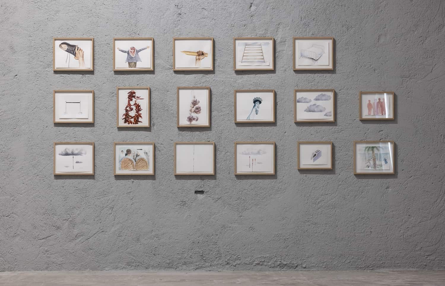 Taysir Batniji
Untitled [Delayed Reality], 2015-σε εξέλιξη 
Σειρά σχεδίων σε κάδρο
Ακουαρέλα και μολύβι σε χαρτί 
34 × 41,5 εκ. και 28,7 × 35,7 εκ. (σε πλαίσιο) 
Ευγενική παραχώρηση ο καλλιτέχνης και Sfeir-Semler Gallery Beirut/Hamburg

Installation View space of togetherness | NEON στη Δραματική Σχολή του Εθνικού Θεάτρου | Σχολείον της Αθήνας – Ειρήνη Παπά
Φωτογραφία © Ναταλία Τσουκαλά, ευγενική παραχώρηση ΝΕΟΝ 

