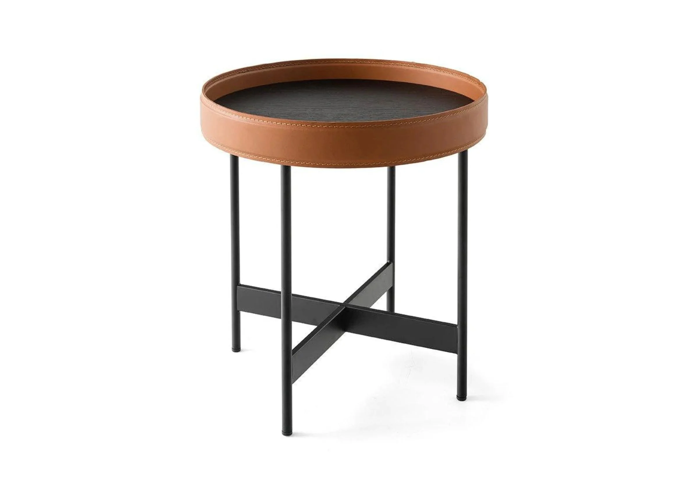Side table "Arena" µε µεταλλικό σκελετό, επένδυση από δέρµα και επιφάνεια από ξύλο, Freskos.