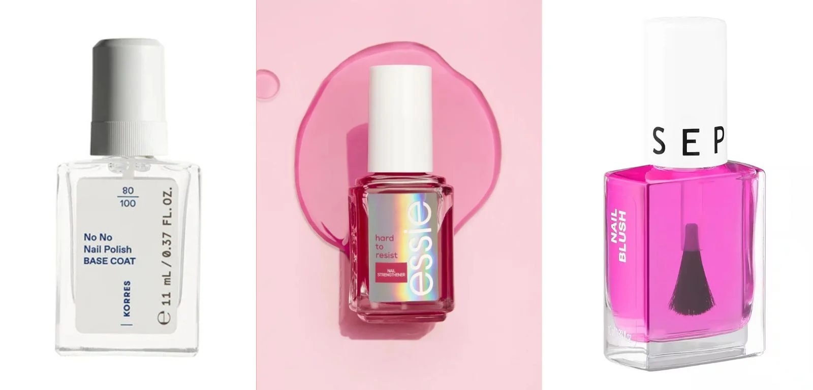 Από αριστερά, No No Nail Polish Base Coat KORRES, ESSIE Hard to Resist Base Coat, SEPHORA Nail Blush 