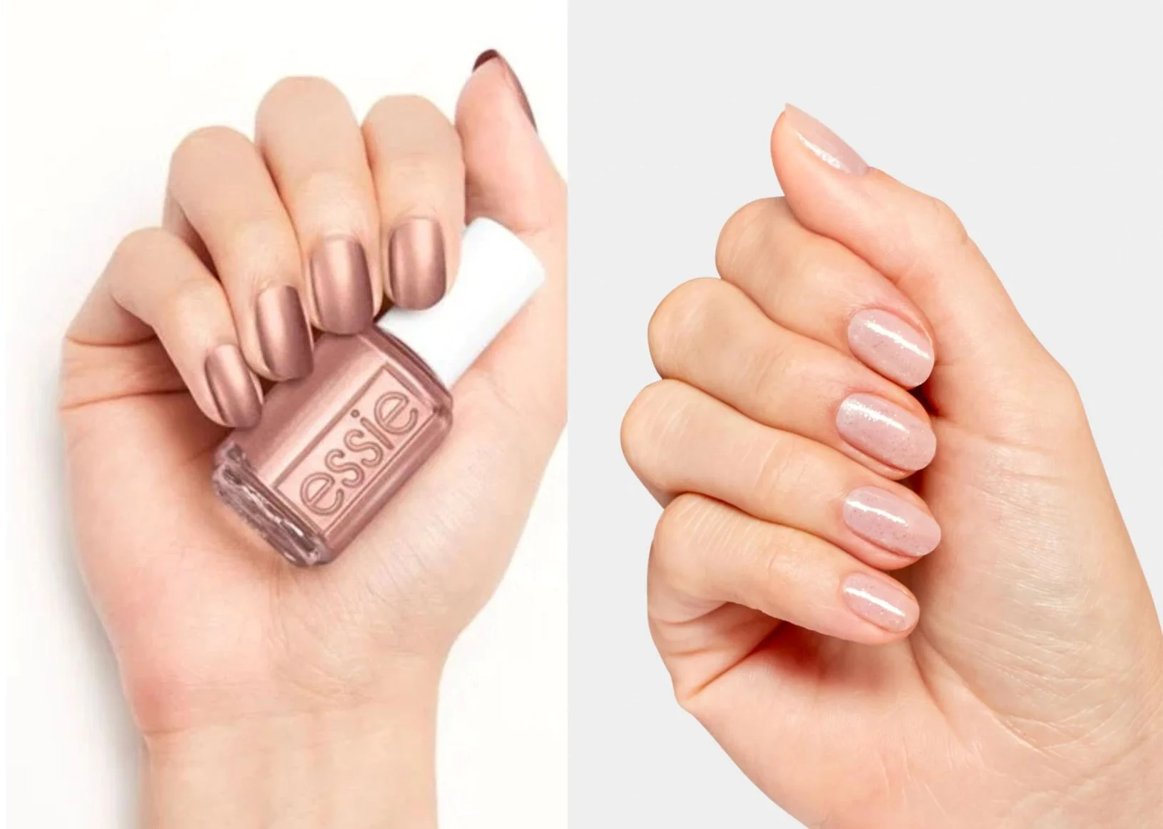 Αριστερά,  βερνίκι νυχιών ESSIE σε chrome απόχρωση Penny Talk, δεξιά shimmer βερνίκι OPI, σε απόχρωση Cheers to No Smears