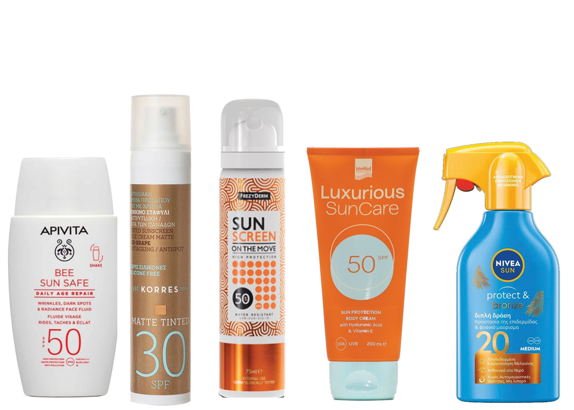 Από αριστερά: Bee Sun Safe Daily Age Repair SPF 50 για ρυτίδες και πανάδες, Apivita (στα φαρμακεία). Daily Sunscreen Red Grape με χρώμα SPF30, Korres (στα φαρμακεία). SunScreen On The Move SPF50 σε μορφή σπρέι Frezyderm (στα φαρμακεία). Luxurious Sun Care Body Cream SPF50 με υαλουρονικό οξύ και βιταμίνη E, Intermed (στα φαρμακεία). Protect & Bronze Trigger SPF20, Nivea. 