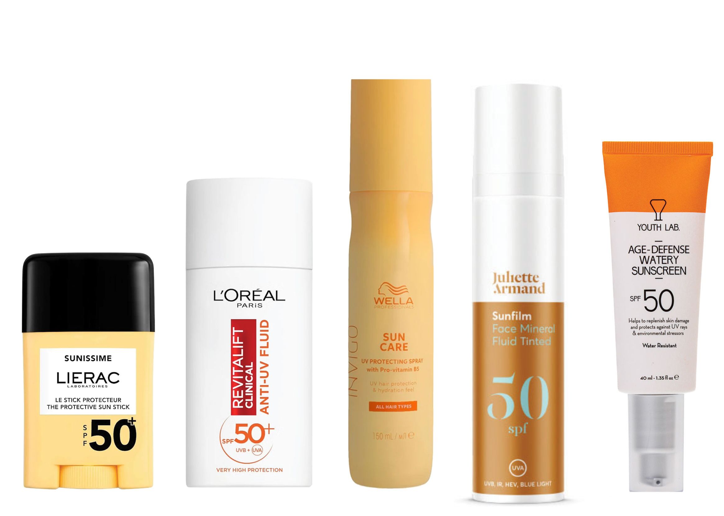 Από αριστερά: The Protective Sun Stick SPF50+ για πρόσωπο και ευαίσθητες ζώνες, Lierac (στα φαρμακεία). Revitalift Clinical SPF50+ με βιταμίνη C, L’Oreal Paris (Ηondos Center). Invigo Sun UV Protecting Spray για τα μαλλιά, Wella Professionals (στα κομμωτήρια). Aντηλιακό προσώπου με 100% φυσικά φίλτρα και υψηλή προστασία από τις ακτίνες και το μπλε φως, Juliette Armand. Λεπτόρρευστο γαλάκτωμα προσώπου με πεπτίδια και νιασιναμίδη για υψηλή αντηλιακή προστασία και αντιγήρανση, Υouth Lab (στα φαρμακεία). 