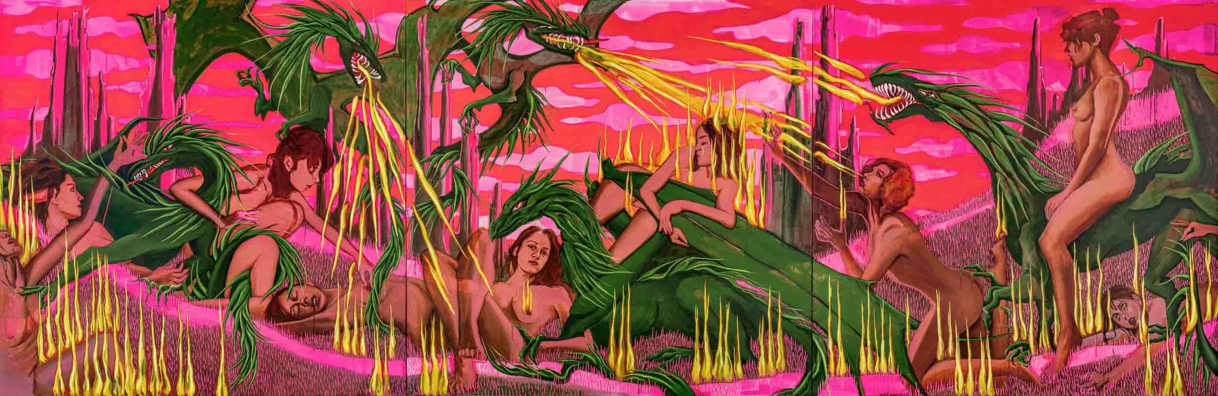 Stella Kapezanou, Bad Girls, Big Dragons, 2025.
Acrylic on canvas, 200 × 600 cm (78.7 × 236 in).
Courtesy of the artist.
