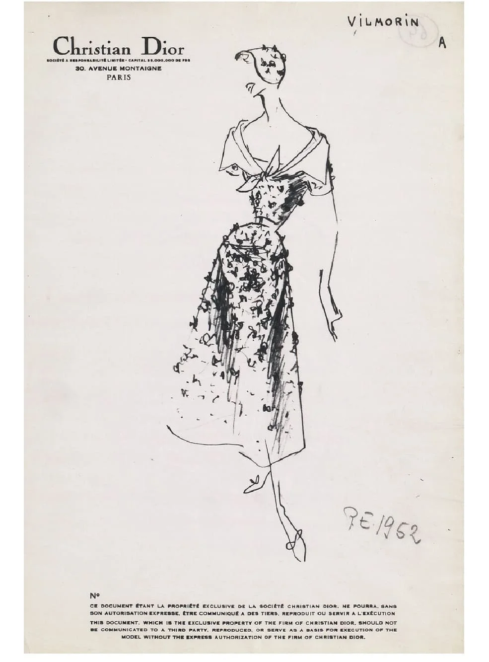 Press sketches of the Vilmorin afternoon dress, Christian Dior, Spring–Summer 1952 haute couture collection, Sinueuse line. Paris, Dior Héritage.
