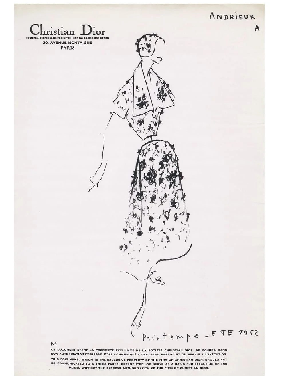 Press sketches of the Andrieux afternoon dress, Christian Dior, Spring–Summer 1952 haute couture collection, Sinueuse line. Paris, Dior
Héritage.