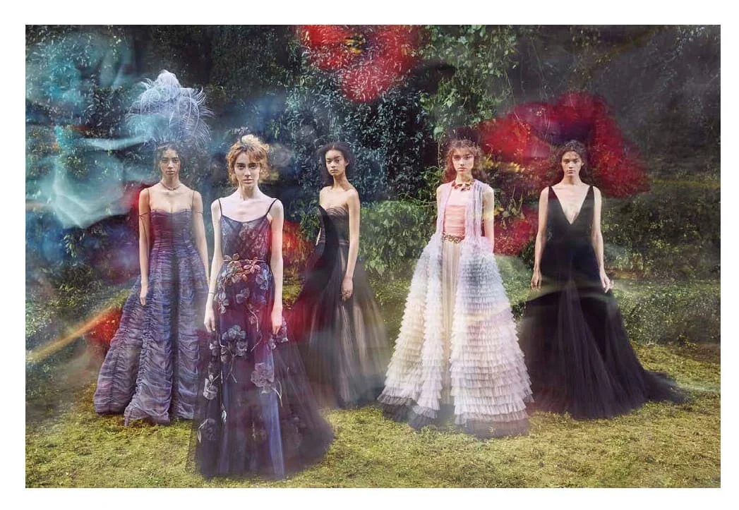 Après le déluge, Mémoire d’hiver, Croissant de lune, Daedalus , and Sirius dresses, Maria Grazia Chiuri for Christian Dior, Spring–Summer 2017 haute couture
collection. Photograph by Tierney Gearon.