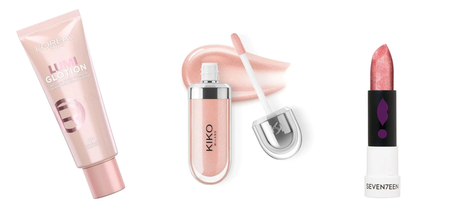 LUMI GLOTION 901 FAIR GLOW HIGHLIGHTER LIQUID, L’ORÉAL PARIS.  3D HYDRA LIP GLOSS ΣΤΗΝ ΑΠΟΧΡΩΣΗ 06 CANDY ROSE, KIKO MILANO. LIPSTICK SPECIAL ΣΤΗΝ ΑΠΟΧΡΩΣΗ 430, SEVENTEEN COSMETICS.
