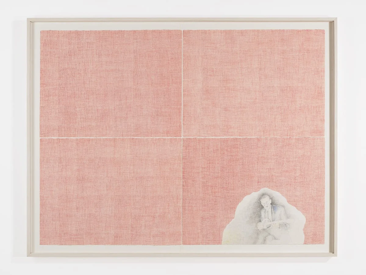 Papaioannou with the trichord, 2025 Pencil and watercolour on paper 112 x 152 cm (framed: 127 x 165,5 x 6 cm) Photo credits: Courtesy of the artist and Bernier/Eliades Gallery | Photo: Boris Kirpotin