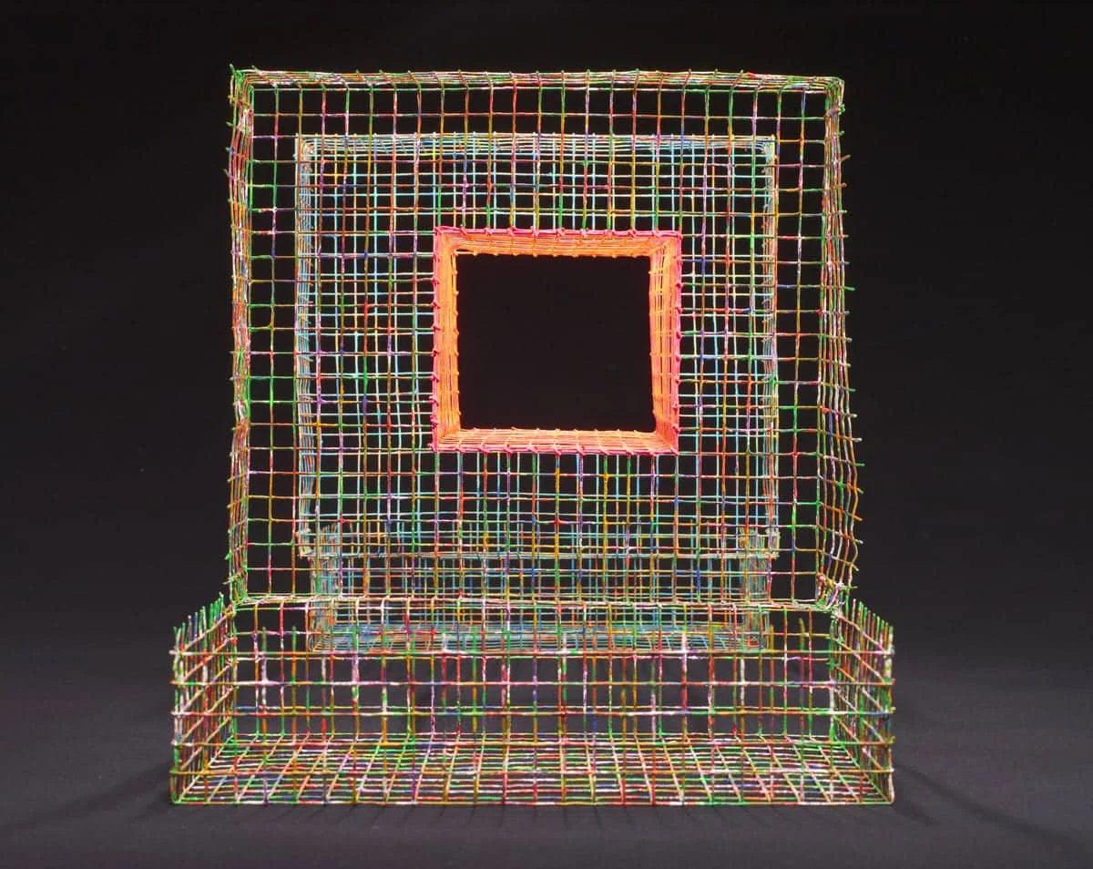 Lucas Samaras
Chicken Wire Box #19, 1972
Acrylic paint on chicken wire, 13-1/2" x 26-1/2" x 12-1/8" (34.3 cm x 67.3 cm x 30.8 cm)
 © The Estate of Lucas Samaras, courtesy Pace Gallery
