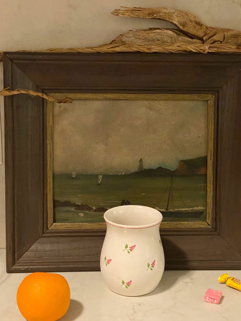 Roe Ethridge Kitchen Still Life with Seascape and Driftwood, 2021 UV-cured pigment print 21 3/8 x 16 inches (54.1 x 40.6 cm) Edition of 5 + 2 AP © Roe Ethridge, Courtesy the artist and Gagosian