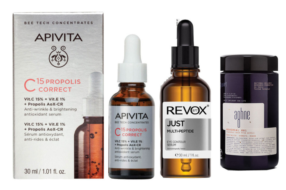 Bee Tech Concentrates Serum C15 Propolis Correct, Apivita: Ισχυρός αντιγηραντικός ορός με συνδυασμό βιταμίνης C & πρόπολης για ορατή μείωση ρυτίδων και πανάδων, που χαρίζει πιο λαμπερή και λεία όψη. Just Multi-Peptide Eye Contour Serum, Revox: Ορός φροντίδας με πολλαπλά πεπτίδια για την ευαίσθητη περιοχή των ματιών. Προλαμβάνει την εμφάνιση ρυτίδων, φωτίζει και αναζωογονεί το βλέμμα (Ηοndos Center). Reversal 001, Αghne: Θρεπτικό καλλυντικό προϊόν, το οποίο συνδυάζει πατενταρισμένα συστατικά από ελληνικά φυτικά εκχυλίσματα, αντιμετωπίζοντας τα αίτια της γήρανσης και φροντίζοντας την ομορφιά του δέρματος εκ των έσω. 