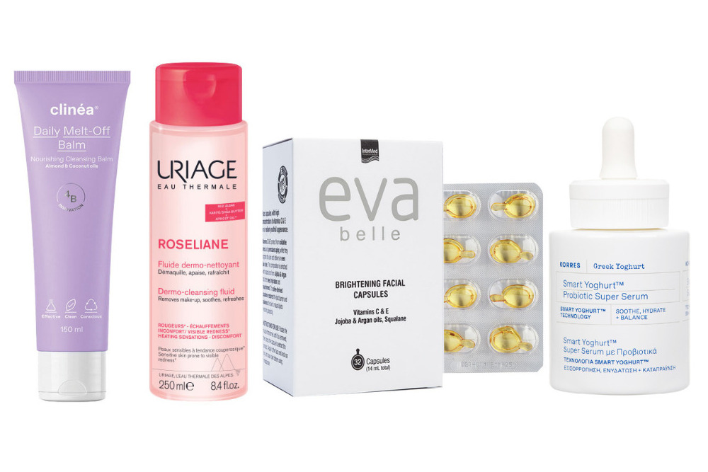 Daily Melt-Off Balm, Clinéa: Ενυδατικό balm καθαρισμού που απομακρύνει αποτελεσματικά τους ρύπους, αλλά και το πιο «βαρύ» ή αδιάβροχο μακιγιάζ (στα φαρμακεία). Roseliane Dermo-Cleansing Fluid, Uriage: Λοσιόν που καθαρίζει απαλά και αφαιρεί το μακιγιάζ με μια κίνηση. Εμπλουτισμένη με βασικά δερματολογικά συστατικά, όπως κόκκινα φύκια, βούτυρο καριτέ και λάδι βερίκοκου, καταπραΰνει την αίσθηση τραβήγματος (στα φαρμακεία). Eva Belle Brightening facial capsules, Intermed: Μονοδοσικές κάψουλες booster υψηλής περιεκτικότητας σταθερής βιταμίνης C, βιταμίνης Ε, jojoba & argan oil για λαμπερή και νεανική επιδερμίδα (στα φαρμακεία). Smart Yoghurt Super Serum με Προβιοτικά, Korres: Ενυδατικός και καταπραϋντικός ορός που δρα ενάντια σε 9 σημάδια ευαισθησίας. Εμπλουτισμένος με Smart YoghurtTM Technology, πραγματικό Ελληνικό Γιαούρτι και Εκχύλισμα Βρώμης, χαρίζει απαλή και φρέσκια επιδερμίδα. 
