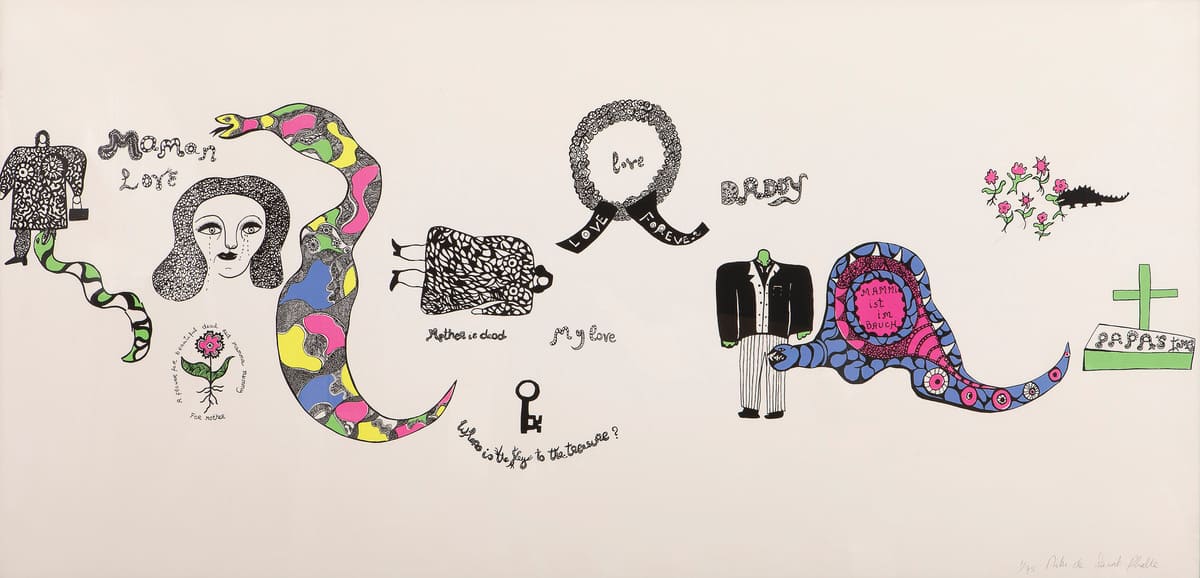 Niki de Saint Phalle, Η μητέρα είναι νεκρή / Μαμά αγάπη, 1968. Μεταξοτυπία σε χαρτί offset-super-bütten, από τη σειρά 6 τυπωμάτων για το θεατρικό έργο ICH, όπου η Niki de Saint Phalle χρησιμοποίησε τα πρωτότυπα σχέδια ως στοιχείο οπτικής αφήγησης. 60x123 εκ.. Δωρεά Γιώργου Κητή. ΜΟΜus-Μουσείο Σύγχρονης Τέχνης.