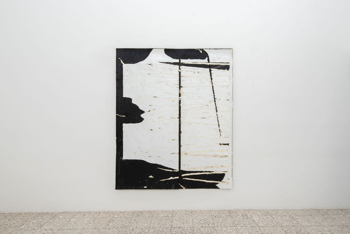Socrates Fatouros,Genesis E, 2023, bitumen sheet, liquid polyurethane steel, 225 x 187 cm