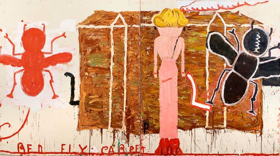 Rose Wylie, Black Strap (Red Fly), 2012
Oil, graphite, marker and collage on canvas. 184.2 × 331.6 cm (overall). Courtesy Charlotte and Philip Colbert. Photograph courtesy Jari Lager. Photo: Soon-Hak Kwon. © Rose Wylie