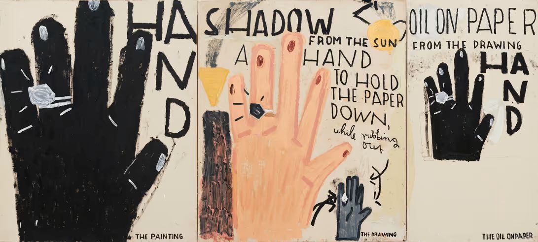 Rose Wylie, HAND, Drawing as Central, 2022
Oil on canvas. 184 × 402 cm (overall). Stedelijk Museum voor Actuele Kunst, Ghent. © Rose Wylie. Courtesy the artist and David Zwirner. Photo: Eva Herzog
