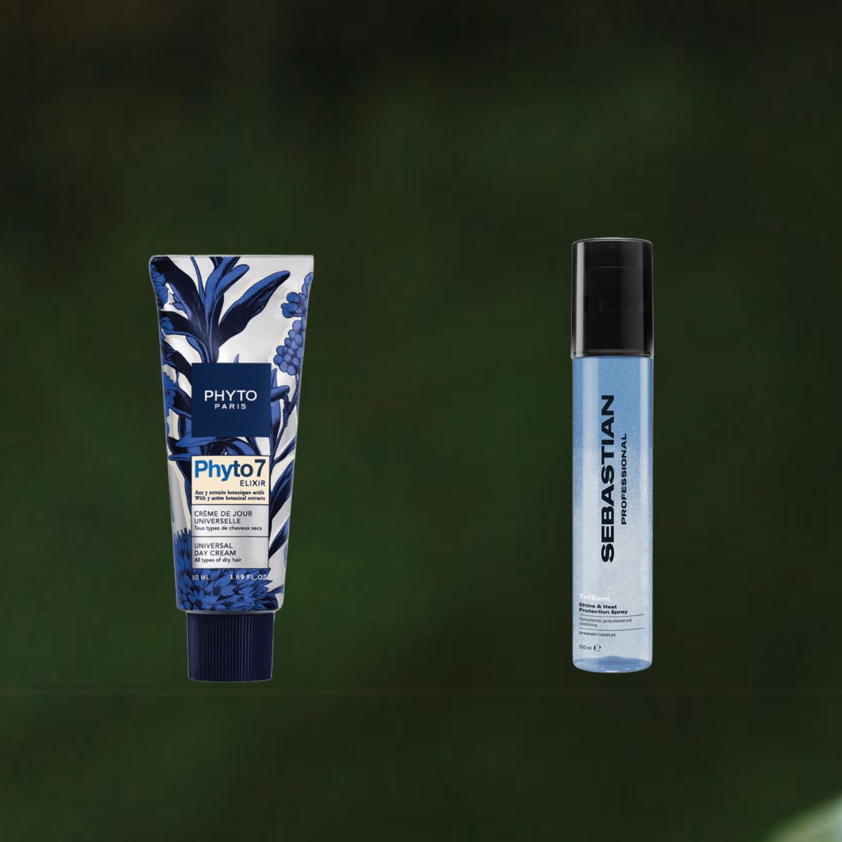 Leav e-in κρέμα για τα μαλλια Phyto 7 Elixir Day Cream, Phyto Paris (στα φαρμακεία). Σπρέι για τα μαλλιά Trilliant Shine & Heat Protection Spray, Sebastian Professional