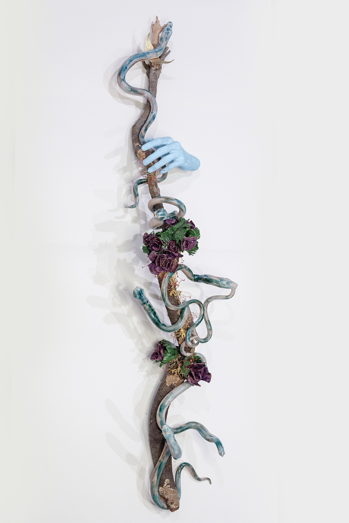 GianMarco Porru, Tirso, 2026, Glazed ceramic, wood, parts of real flowers, paster, 136 x 28 x 23cm