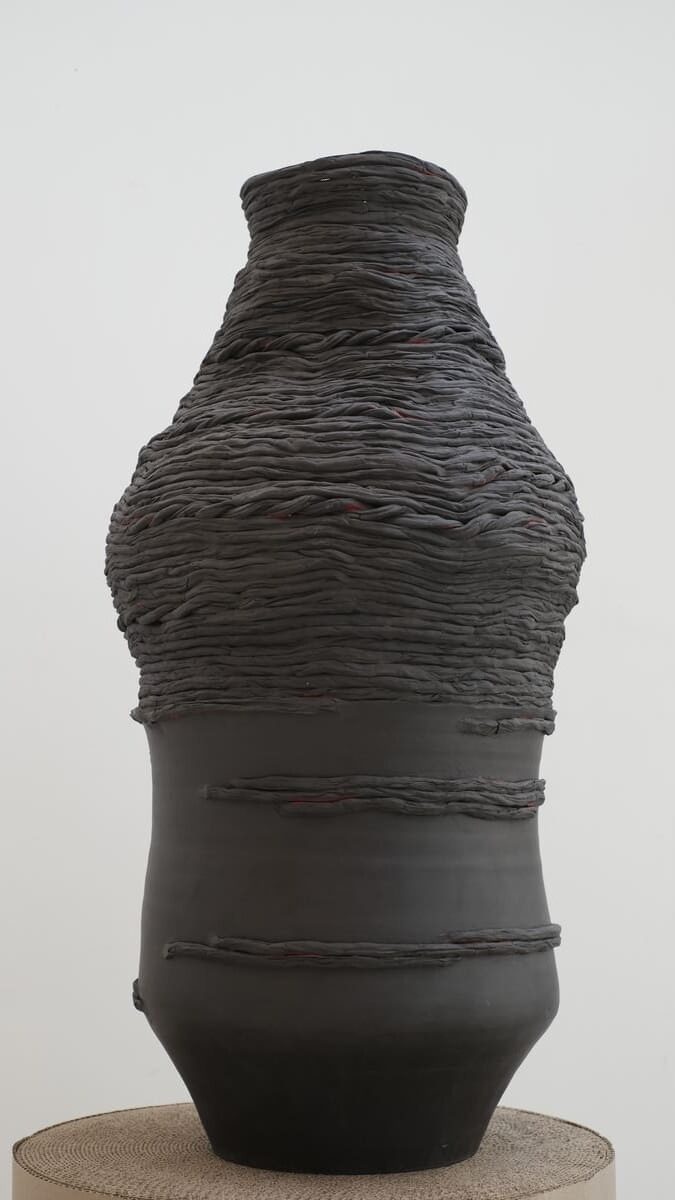 Fatima Mohisen, Not Everyone Who Sees the Sun Perceives the Light _ Salvation, 2025, clay translated from the external appearance of straw (self-developed technique), 68 x 34 x 34 cm