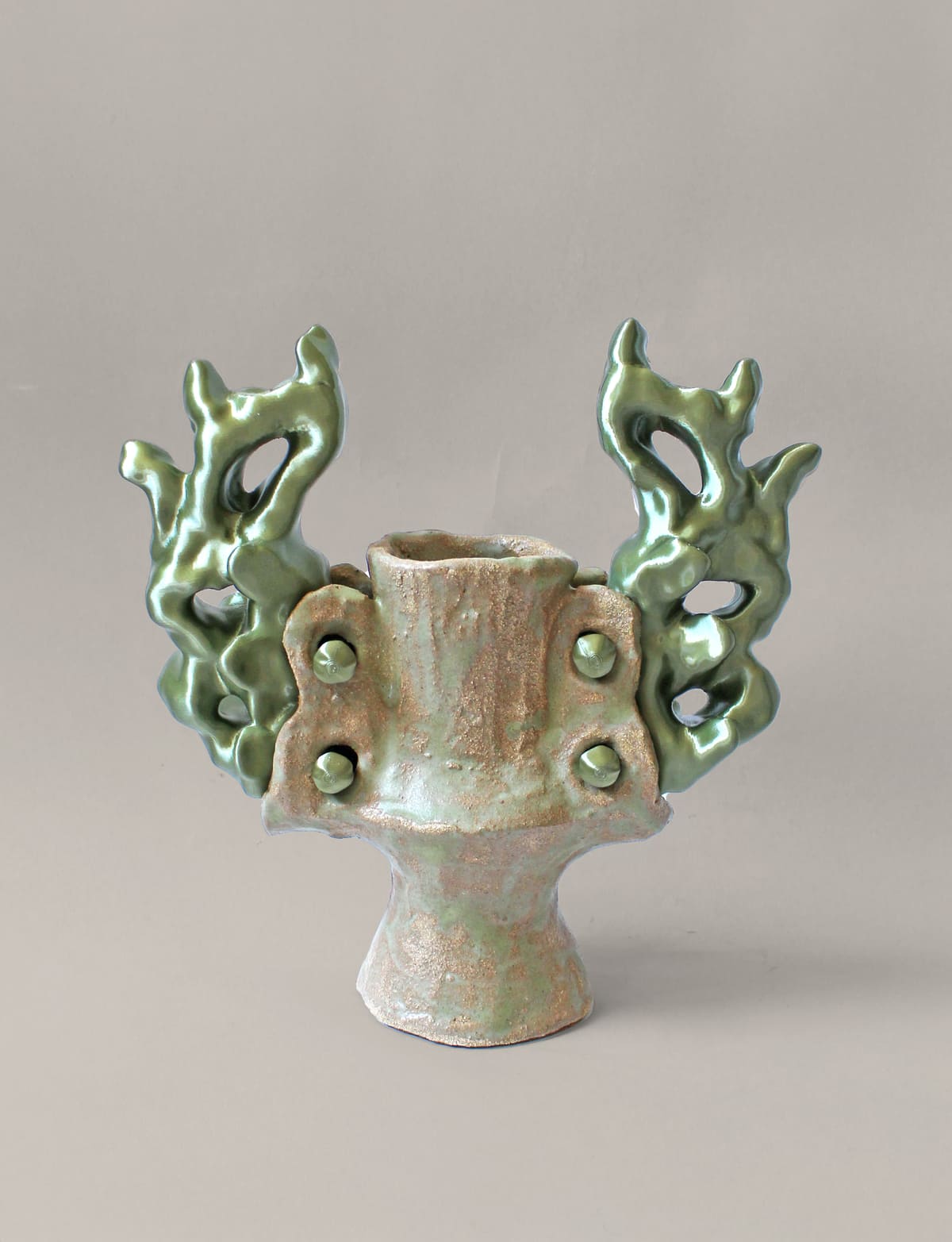 Natalia Triantafylli, Green flames amphora, 2025, stoneware & 3D printed PLA, 27 H x 27 x 10 cm