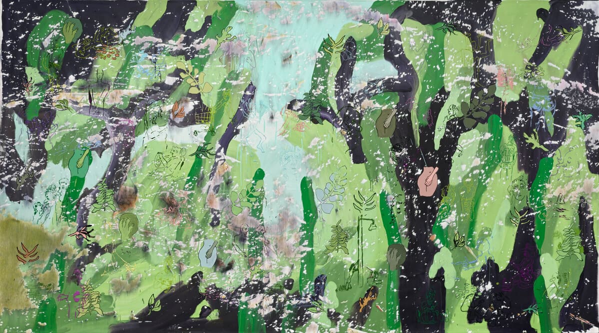 Urs Fischer EDEN, 2026, Gesso, latex, acrylic paint, and modeling paste on canvas, 110 x 198 inches (279.4 x 502.9 cm), © Urs Fischer, Courtesy the artist and Gagosian.