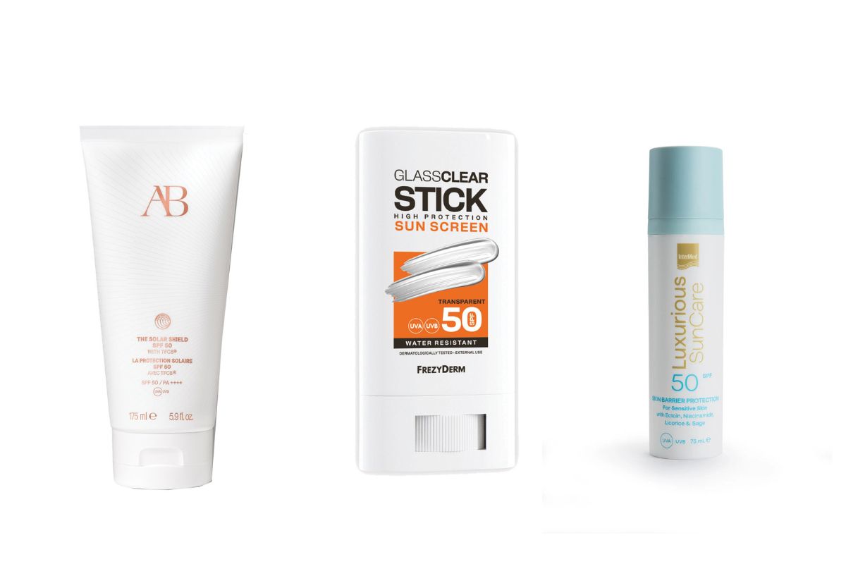 The Solar Shield SPF 50, Augustinus Bader. Προηγμένο αντηλιακό σώματος με SPF 50 που συνδυάζει την τεχνολογία TFC8® με ισχυρά δραστικά συστατικά για ανανέωση και ορατή βελτίωση της επιδερμίδας. Stick Glassclear SPF 50, Frezyderm Sunscreen Διάφανο αντηλιακό stick για το πρόσωπο. Η αέρινη υφή και η γρήγορη, εύκολη εφαρμογή του διευκολύνουν την ανανέωση της αντηλιακής προστασίας σε πρόσωπο, χείλη και ευαίσθητες περιοχές. Luxurious SunCare Skin Barrier Protection SPF50, Ιntermed. Αντηλιακή κρέμα προσώπου για ευαίσθητες επιδερμίδες με προηγμένα οργανικά φίλτρα ευρέως φάσματος για υψηλή προστασία από τη UVB και UVA ακτινοβολία. (Στα φαρμακεία)