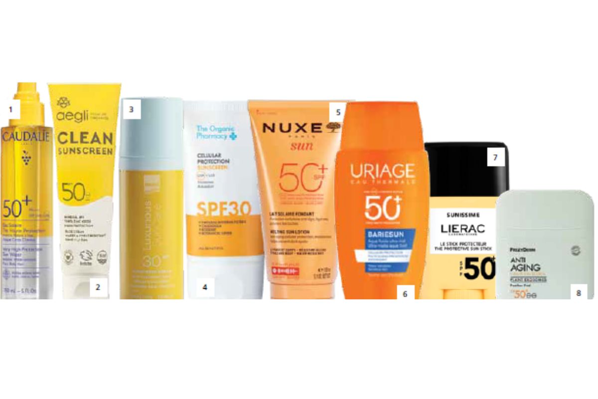 1. Very High Protection Sun Water SPF 50+, Caudalie Aνάλαφρο αντηλιακό σπρέι για πρόσωπο σώμα και μαλλιά. 2. Clean Sunscreen SPF 50, Aegli Premium Organics
Bιολογική αντηλιακή κρέμα προσώπου, λαιμού και ντεκολτέ, ιδανική για ευαίσθητα ή λιπαρά δερματα. 3. Luxurious Suncare Sunscreen Face Serum SPF 30, Intermed
Αντηλιακός ορός με ελαφριά υφή. Προσφέρει υψηλή προστασία, ενυδατώνει και αφήνει το δέρμα πιο λείο (στα φαρμακεια). 4. Cellular Protection Sunscreen SPF 30,
The Organic Pharmacy Vegan αντηλιακό που προστεύει, ενυδατώνει και θρέφει την επιδερμίδα (Ηondos Center). 5. Melting Lotion SPF 50+, Nuxe Sun Αντηλιακό
γαλάκτωμα υψηλής προστασίας για πρόσωπο και σώμα με ενυδατική αόρατη υφή. 6. Bariesun Ultra-Matte Aqua Fluid SPF 50+, Uriage Λεπτόρρευστη αντηλιακή
κρέμα προσώπου που περιέχει πούδρα για ματ τελείωμα, ιδανική για ευαίσθητες επιδερμίδες (στα φαρμακεία). 7. Sunissime Protective Stick SPF 50+, Lierac Αντηλιακό
stick πολύ υψηλής προστασίας για πρόσωπο και ευαίσθητες περιοχές – ώμοι, ουλές, σπίλοι, τατουάζ (στα φαρμακεία). 8. Antiaging Sunscreen Face Liquid Plant
Exosomes SPF 50+, Frezyderm Προηγμένο dermo-tech αντηλιακό προσώπου με φυτικά εξωσώματα για ισχυρή αντιγηραντική δράση.